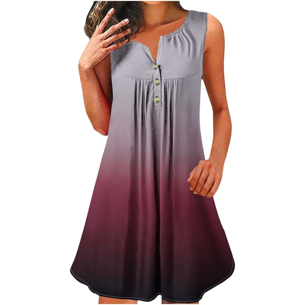 Vestido sin Mangas para las Mujeres Gradiente Impreso Botón Suéter Cuello Redondo Vestido, Vestido de Fiesta de Poliéster para Diario, Caso de Exposición Y Primavera Verano