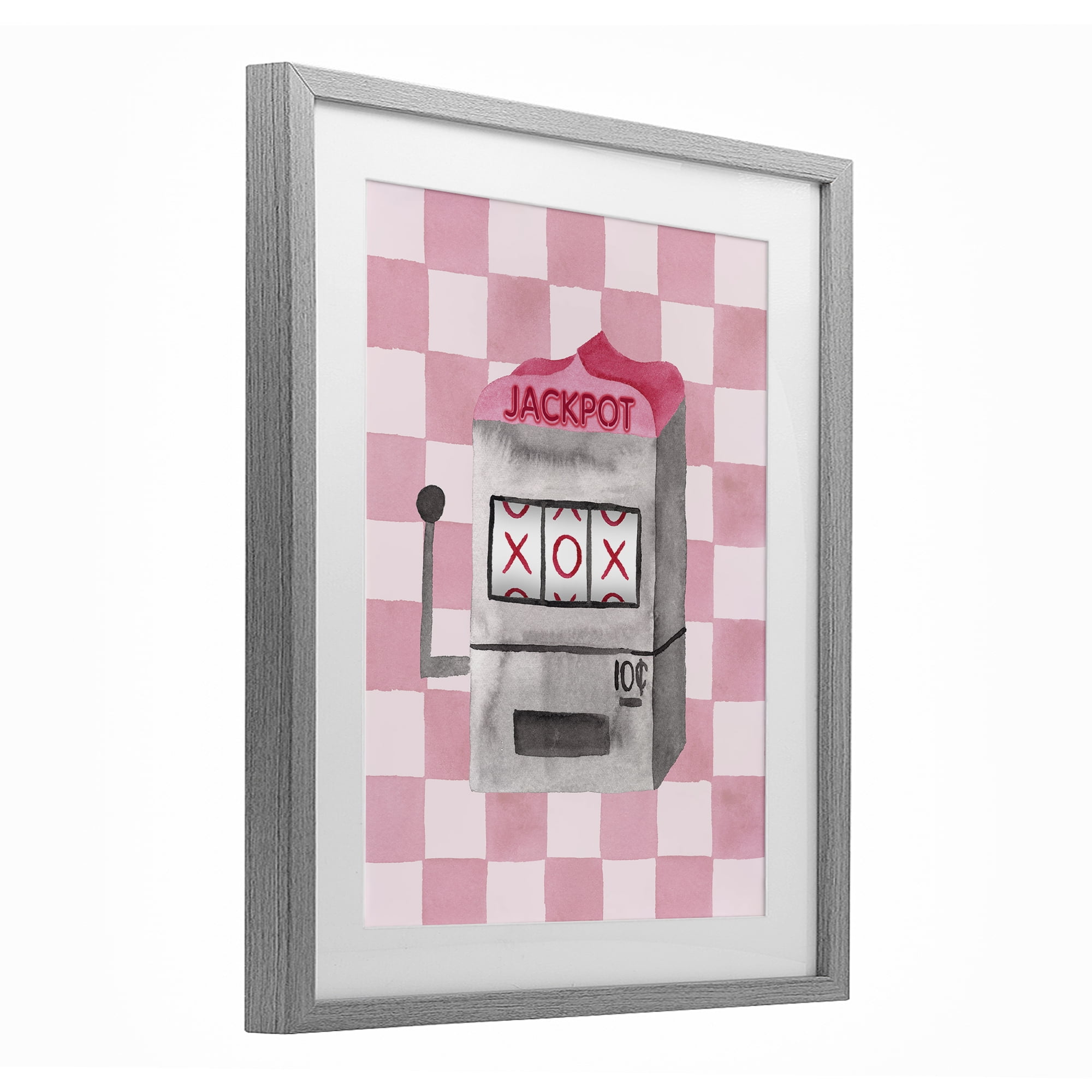 Jackpot Slot Machine Gray Framed Print Under Glass, design by Nina Jacobs