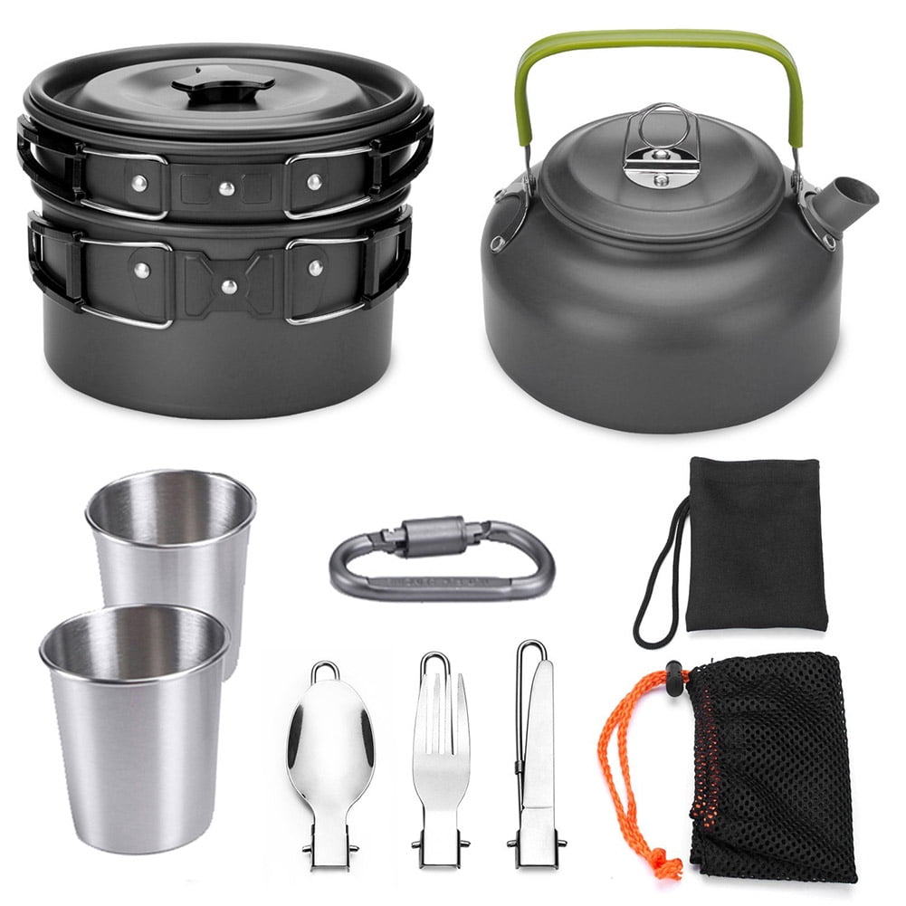 FM_ PORTABLE STAINLESS STEEL CAMPING PICNIC COOKING POT FRY PAN SET OUTDOOR COOK 