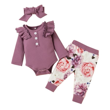 

Fsqjgq Girls Clothes 2T-3T Baby Girls Ruffle Ribbed Long Sleeve Bodysuit Romper Tops Floral Printed Pants Outfits Clothes Set Girls Fashion Size 7 8 Cotton Blend Purple 80