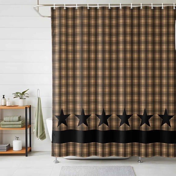 Shower Curtains for Bathroom, Brown Black Plaid Waterproof Fabric Shower Curtain, Vintage Rustic Star Buffalo Check Decorative Bathroom Curtain for Bathtub, 66"x72", No Hooks Included
