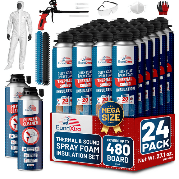 Spray Foam Insulation Kit (24 x 32.80 oz/930 gr - 480 Board feet), Self-Expanding Adhesive Foam, Closed Cell Heat Insulation & Acustic Spray with Cleaner and Dispensing Gun - 24 Pack
