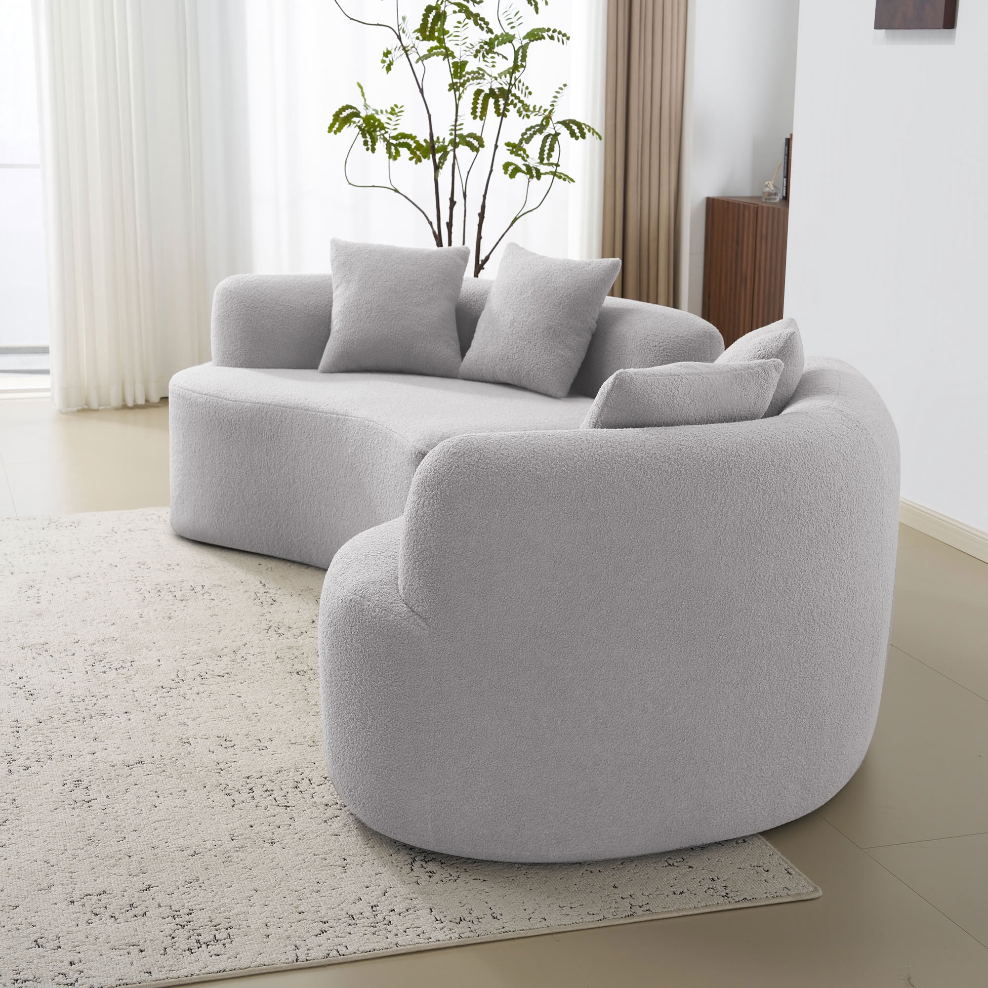 MAYEERTY Curved 4-Seat Compressed Sectional Sofa, Teddy Velvet Modular Couch with Throw Pillows, High Density Foam & Spring Filled No-Assembly Sofa for Living Room Apartment Small Spaces