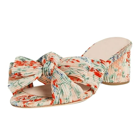 

Cuhas Wide Sandals for Women SlippersWomen s Fashion Sandals Thick Heel Bow Silk Sandals Retro Buckle Shoes