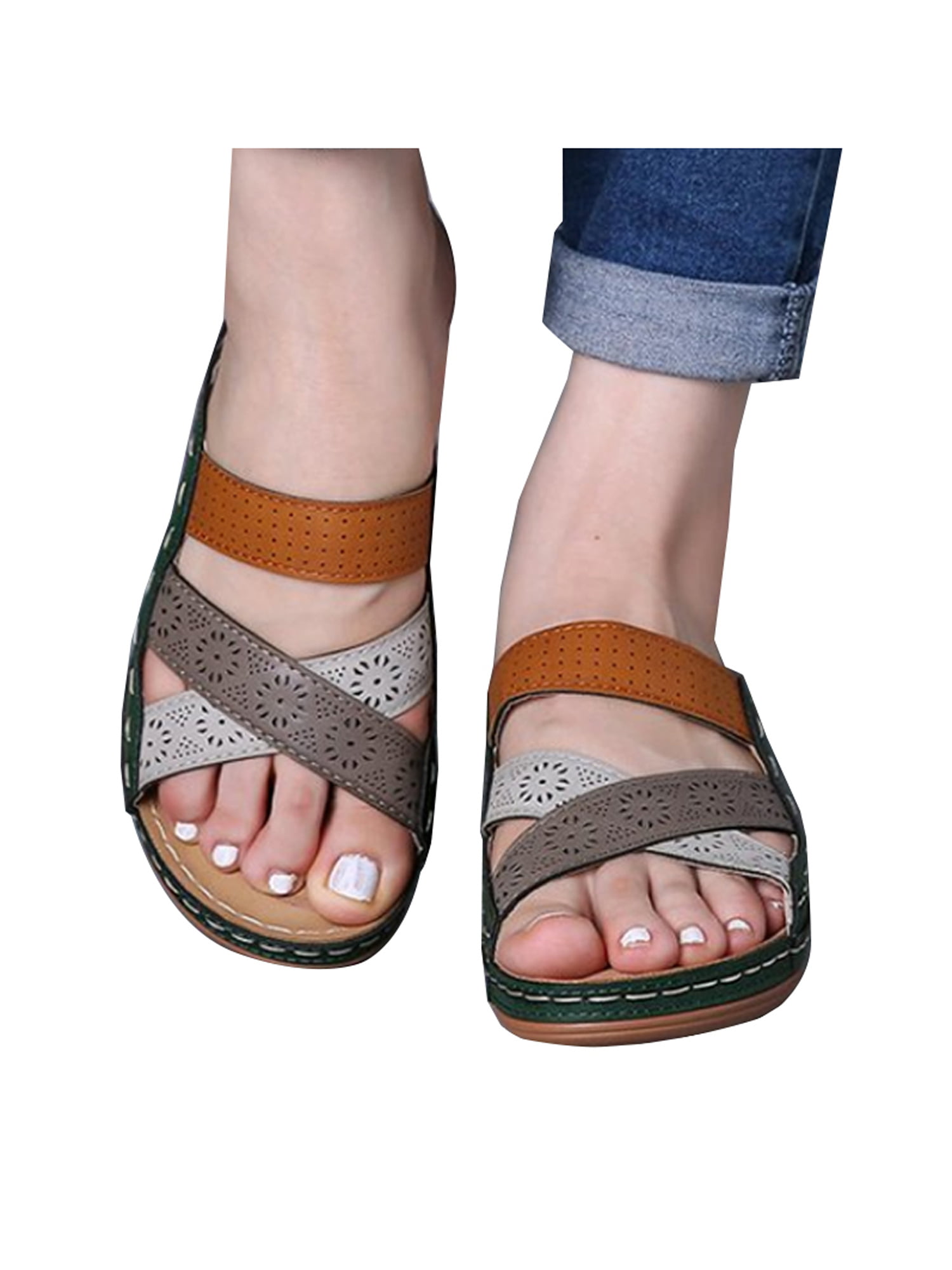 Leather Sandals Flat Open Toe Sandals for Women