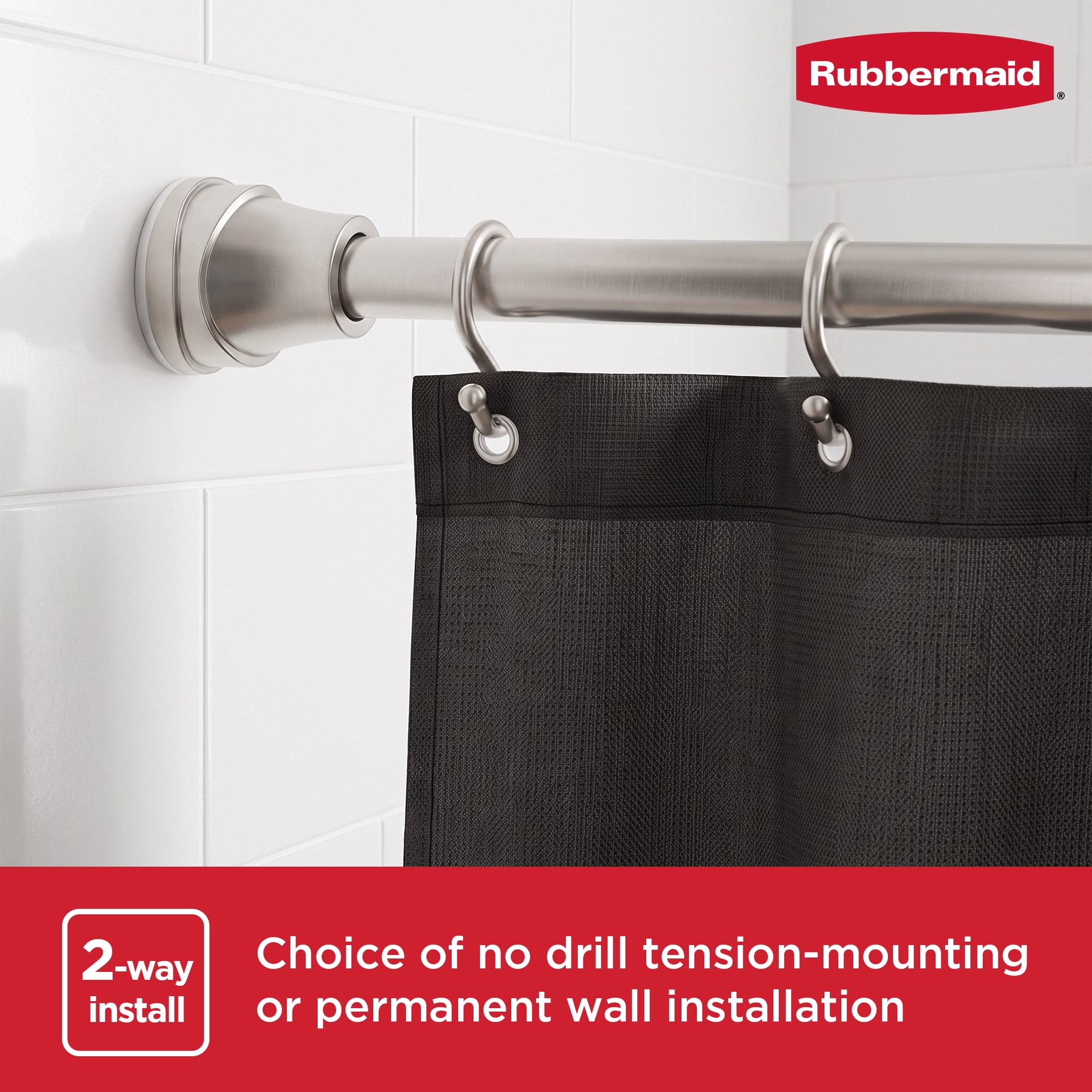 Rubbermaid No Drill Tension or Wall Mount 44" to 72" Adjustable Shower Curtain Rod, Rustproof Stainless Steel, Brushed Nickel