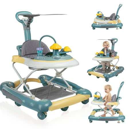 COMEONROA 4-in-1 Baby Walker  Adjustable Heights Walker for Boys Girls  Music and Lights Baby Walker  Discover & Play Walker with Toy Tray   Ages 6 months +(Green)