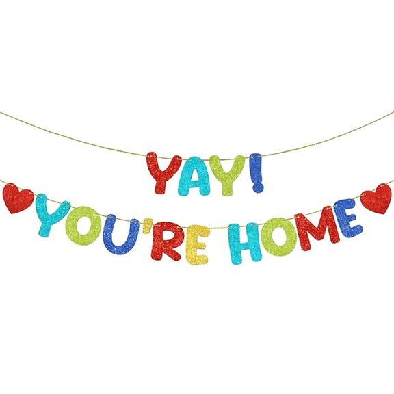 Yay! You're Home Banner, Multicolor Glitter Letters with Hearts, Welcome Home Party Decoration