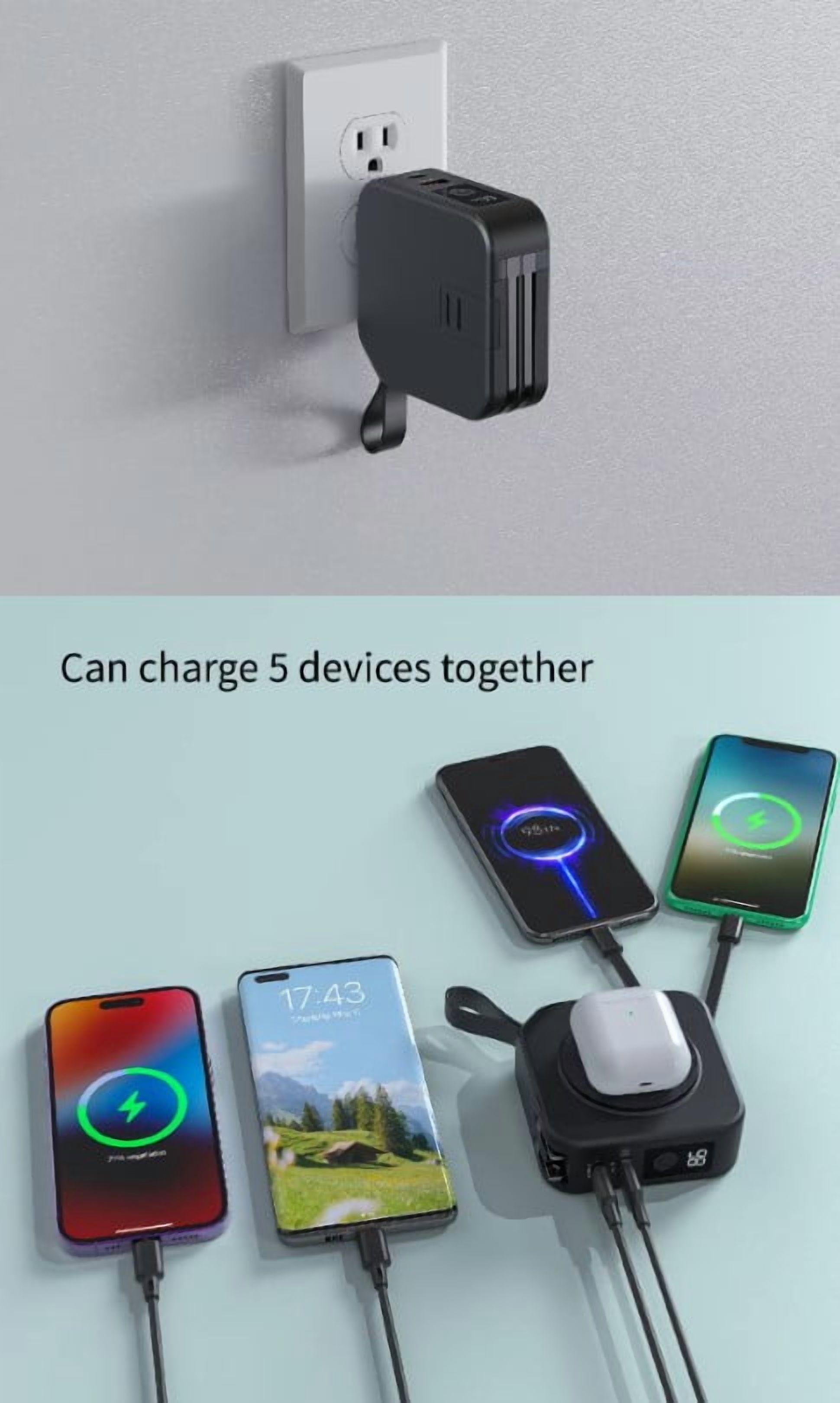 5 in 1 Travel Power Bank Magnetic Wireless Charger Fast Charger AC plug 3 Global Adapters Build in Cables Phone Stand 10000 mAh, White