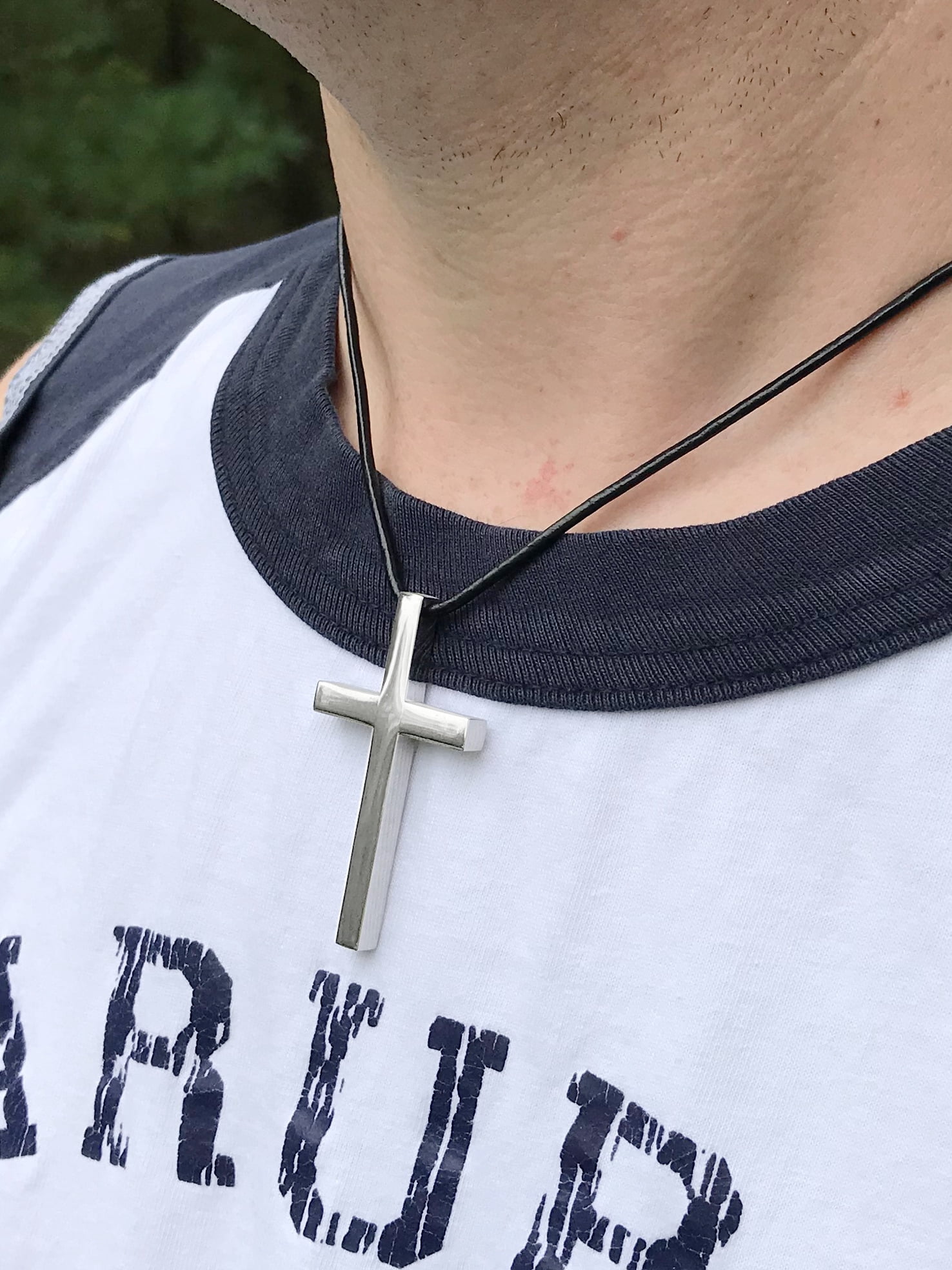 Large Mens Stainless Steel Cross Necklace on Black Leather Cord (24 Inch)