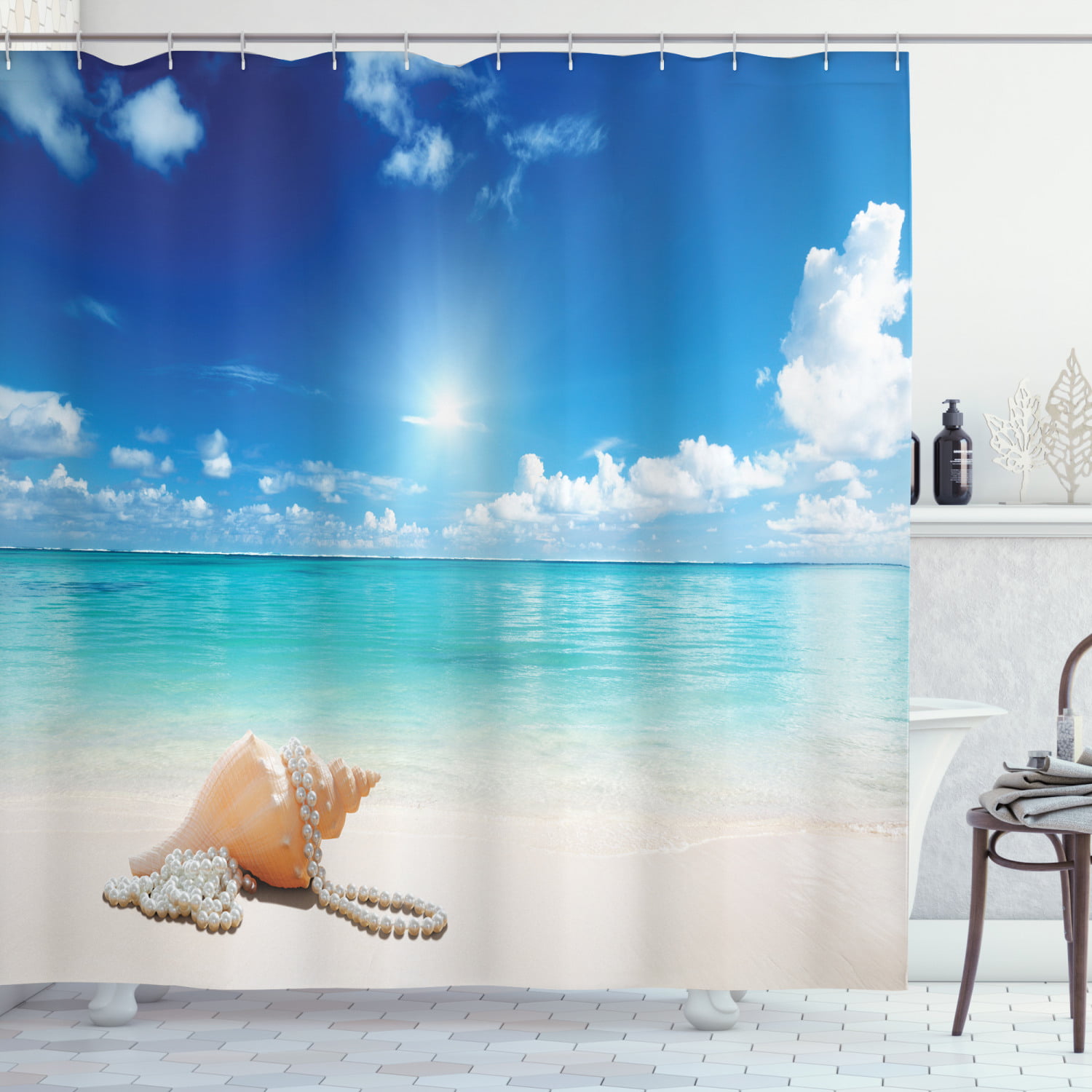 Bathroom Decor Sun on Morning Beach Waterproof Fabric Shower Curtain Doormat Set 