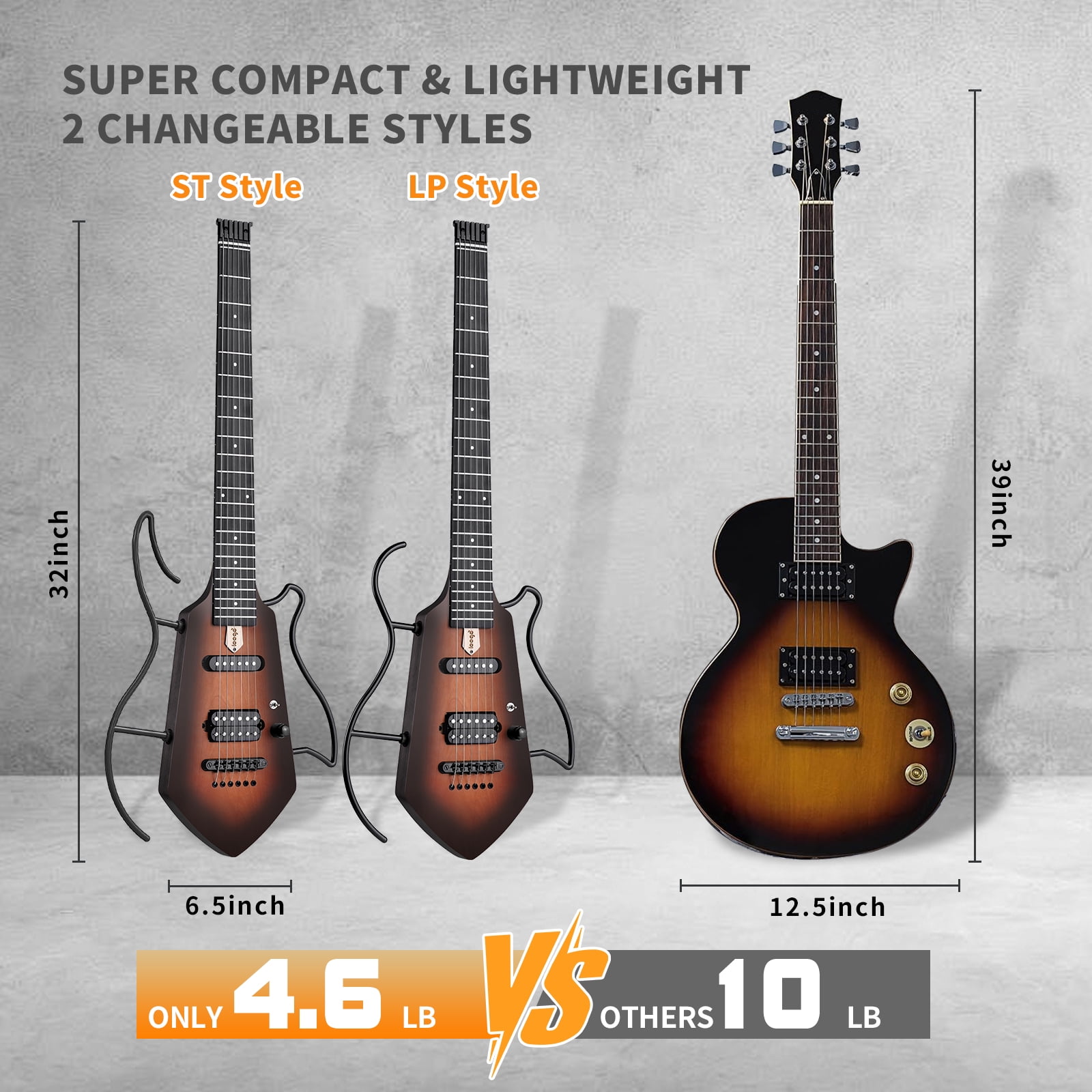 Compact Electric Guitar, Small Lightweight Headless Guitar for Travel and Practice, Portable Solid Body Easy Assemble Stands wtih Gig Bag, Sunset