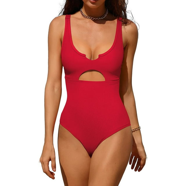 Charmo Womens Ribbed One Piece Swimsuits High Cut Padded Monokini Bathing Suit