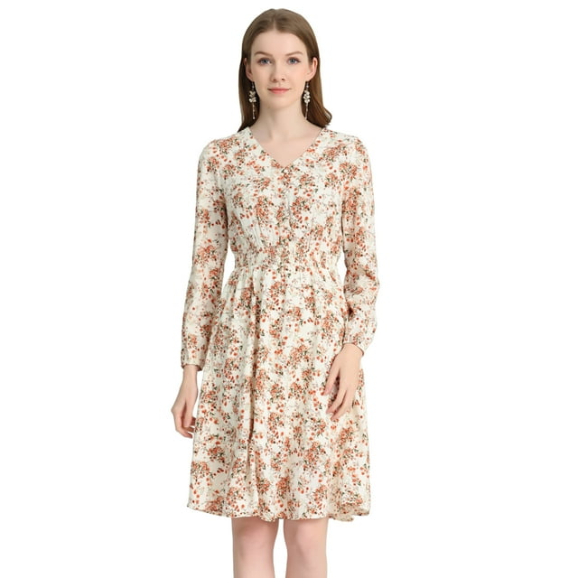 INSPIRE CHIC Robe Midi à Manches Longues Évasée à Col en V à Imprimé Floral pour Femme