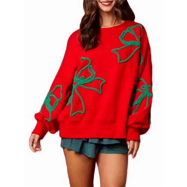 Sudadera con Cuello Redondo, Larga y Lazo para Mujer, Estilo Informal, Estilo Farol, Estilo Otoño, Estilo Y2k Rojo S