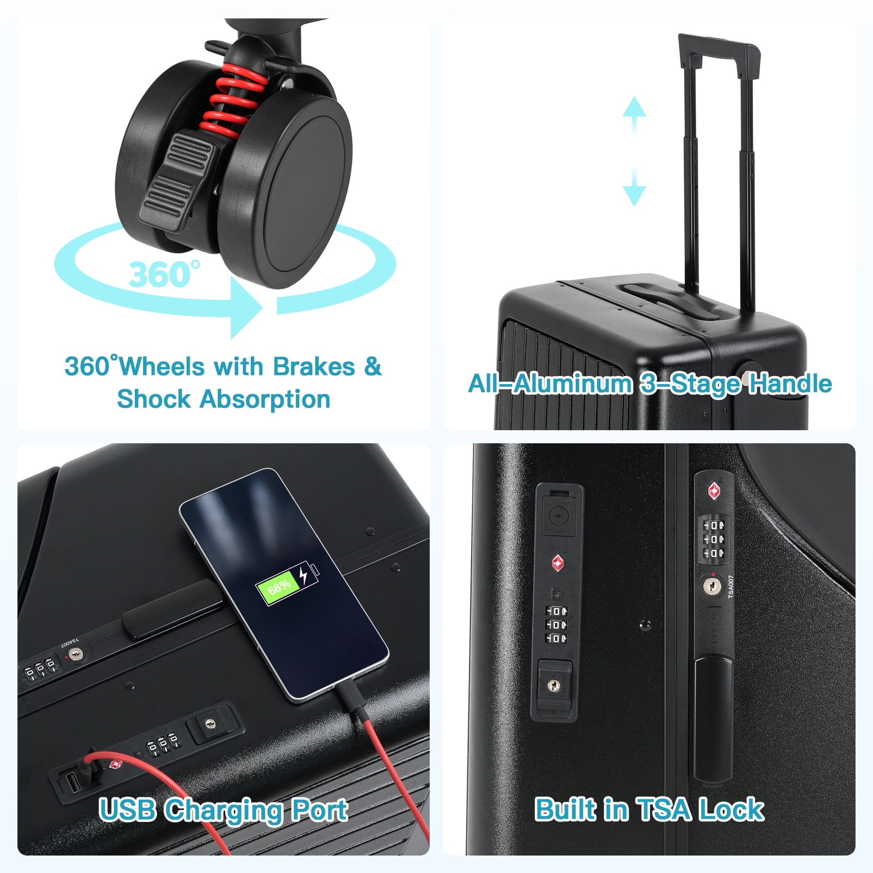 Advwin 22" Multifunctional Hardshell Ride On Suitcase with Front Opening, Child Seat, USB Port, TSA Lock & 4 Spinner Wheels, Black