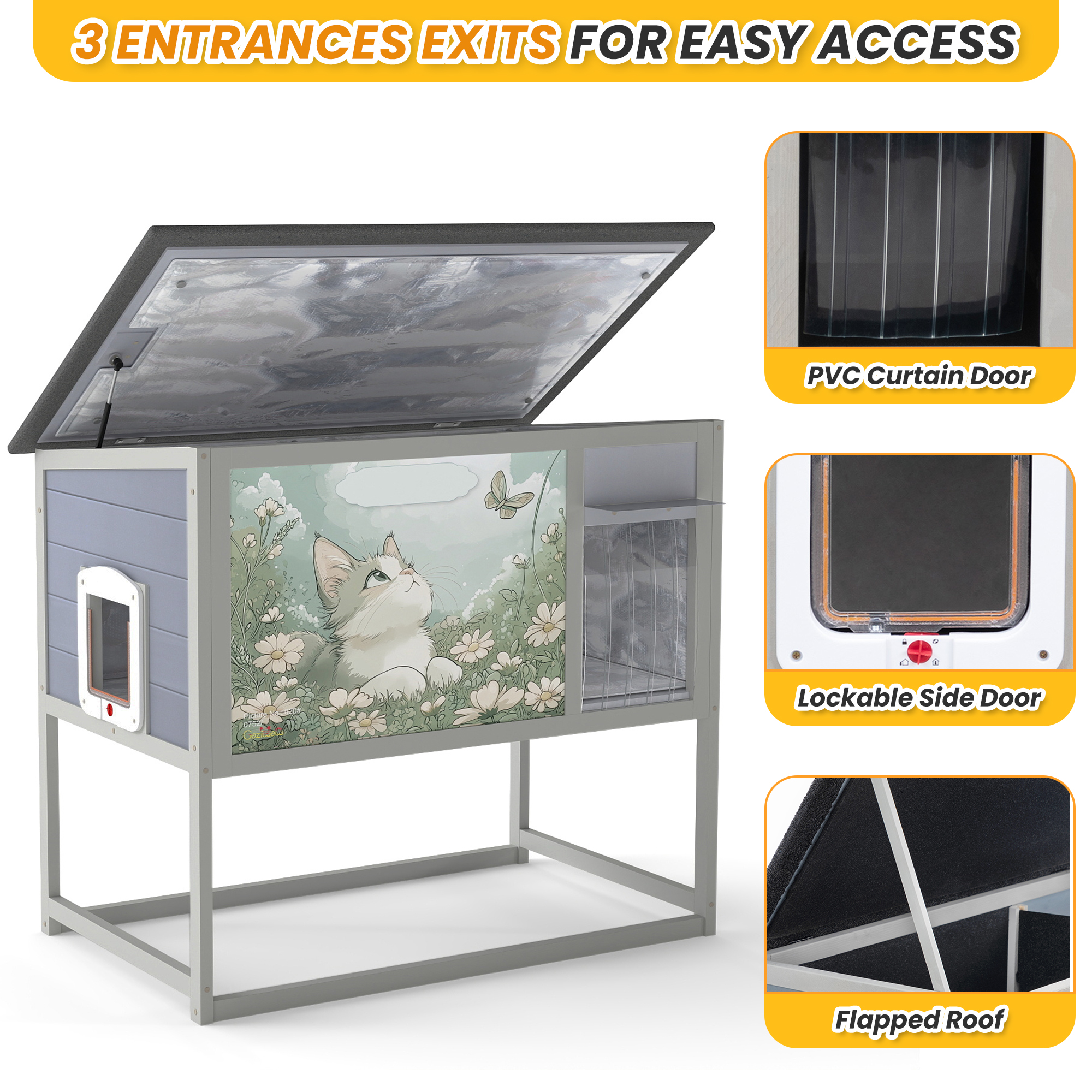 Insulated Warm Outdoor Cat House & Condos , Raised Weatherproof Kitten Shelter for Outside with All-Round Foam, Feral Cat Wooden Enclosure for Small Medium