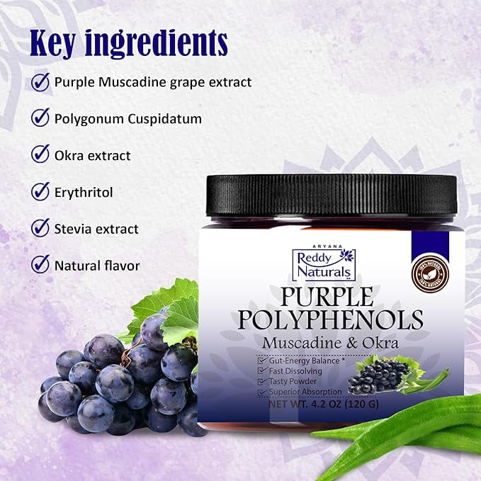 Reddy Naturals Purple Polyphenols Muscadine Grape Seed & Skin Extract Powder, Resveratrol Supplement, Gut Health Support, 30 Servings