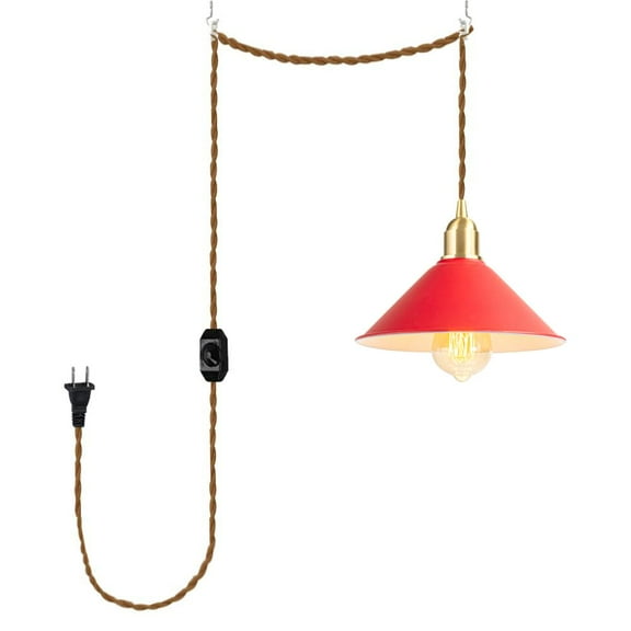 KAYYELAMP 15ft Plug in Dimmable Cord Pendant Light E26 Brass Base Red Metal Shade Nordic Style Hanging Light Modern Decor for Kitchen Home Office 1 Pcs(No Bulb)