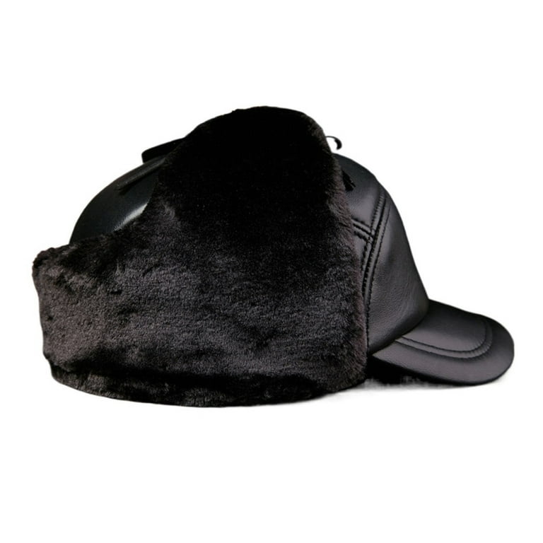 Bomber Hat Leather Black Men Hats With Earflap Thicker Russian