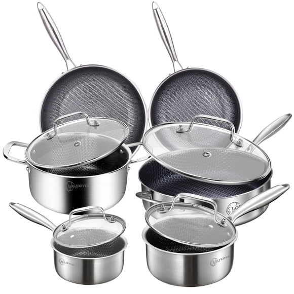 LOLYKITCH Juego de utensilios de cocina de 10 piezas, juego de ollas y sartenes híbridos de acero inoxidable de tres capas, utensilios de cocina de inducción, resistentes, aptos para lavavajillas y ho