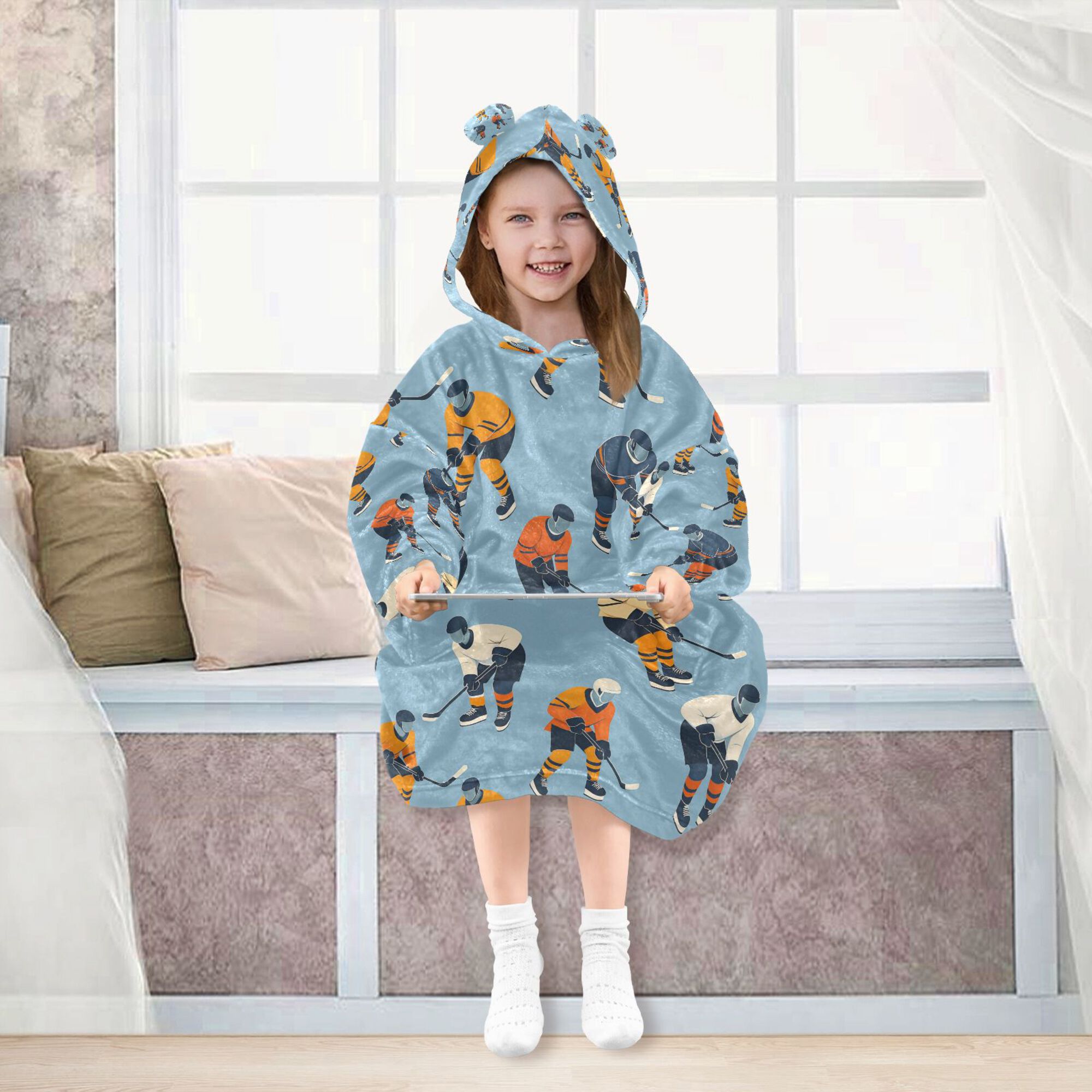 FORMRS Wearable Blanket Hoodie with Sleeves for Kids Cozy Flannel Sweatshirt, Blue Hockey Pattern