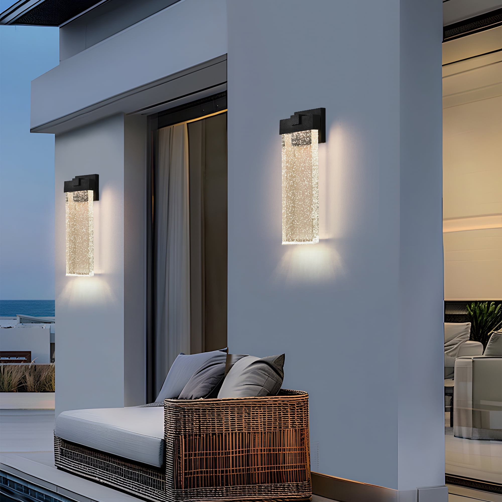 18.2" Front Door LED Outdoor Wall Sconce - Modern Black Aluminum & Bubble Crystal Glass Weatherproof Exterior Light Fixture, 3000K Warm White for Entryway, Garden, Porch