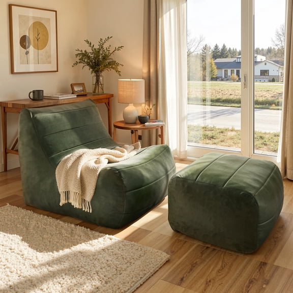 XIZZI Oversized Bean Bag Chair with Ottoman, Luxury Faux Leather Lounger Chair Indoor for Adult, Skin-Friendly Breathable Lazy Sofa for Living Room Bedroom Green
