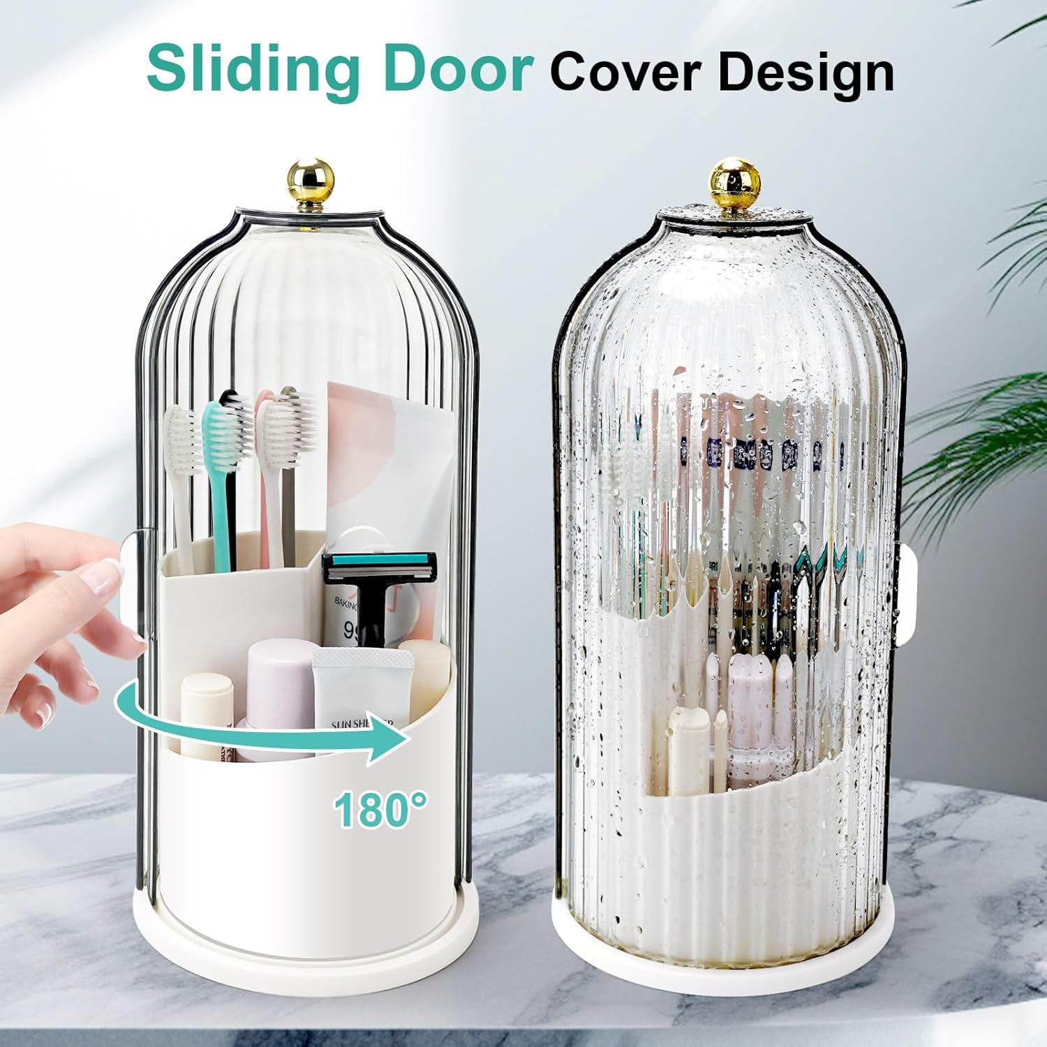 KEMEINILI Toothbrush Holder with 360° Rotating Base & Sliding Lid, Compact Bathroom Organizer for Countertop, Vanity, Makeup Brushes