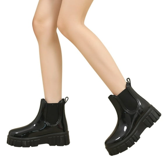 Womens Platform Combat Rain Boots Waterproof Slip On Chelsea Boots Comfortable Non Slip High Top Rain Shoes