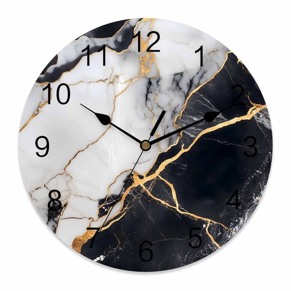 Wall Clock Black Abstract Marble Clocks PVC Silent Non-Ticking Battery Operated Decorative Gold White Modern Round Clock for Home Living Room Kitchen Bedroom Office School Wall Decor 10 Inch