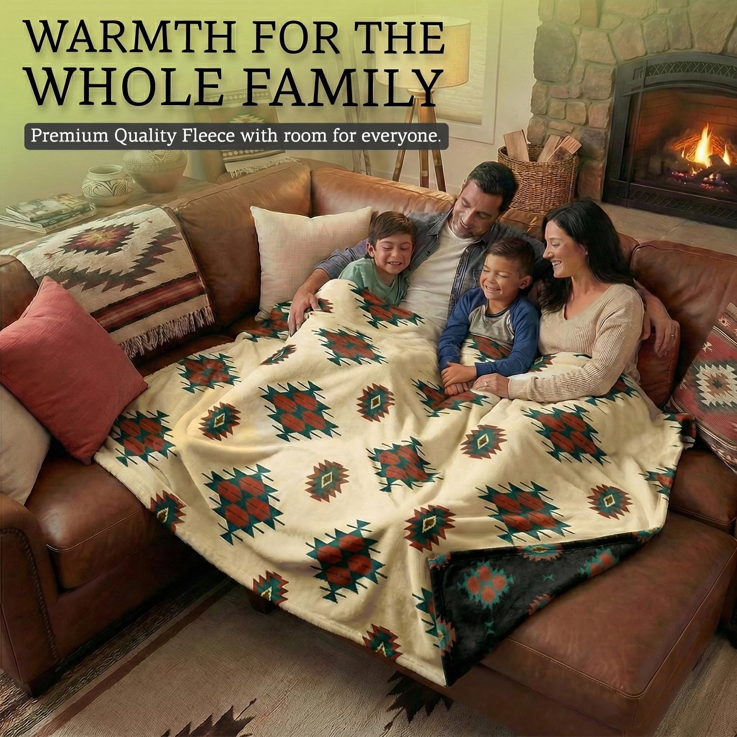 Sacred Thread Fleece Blanket South Western, Reversible Mexican, Vibrant Aztec Blankets and Throws for Aztec Decor for Home (Cream Flannel / Flannel (Throw (40''x60''))
