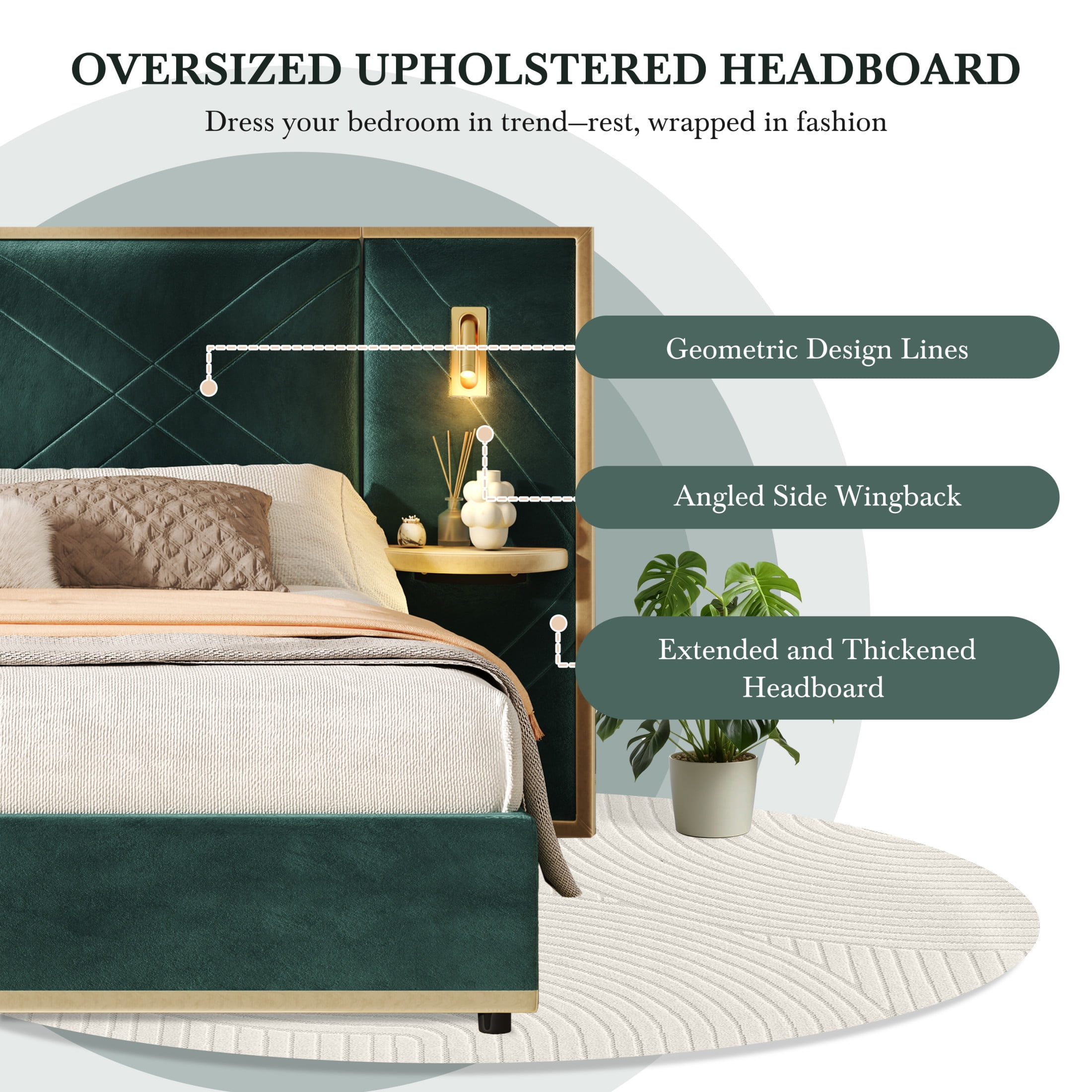 Christopher Knight Home Luxury Velvet Upholstered Queen Bed with Headboard, LED Lights, Storage Side Panels, Green
