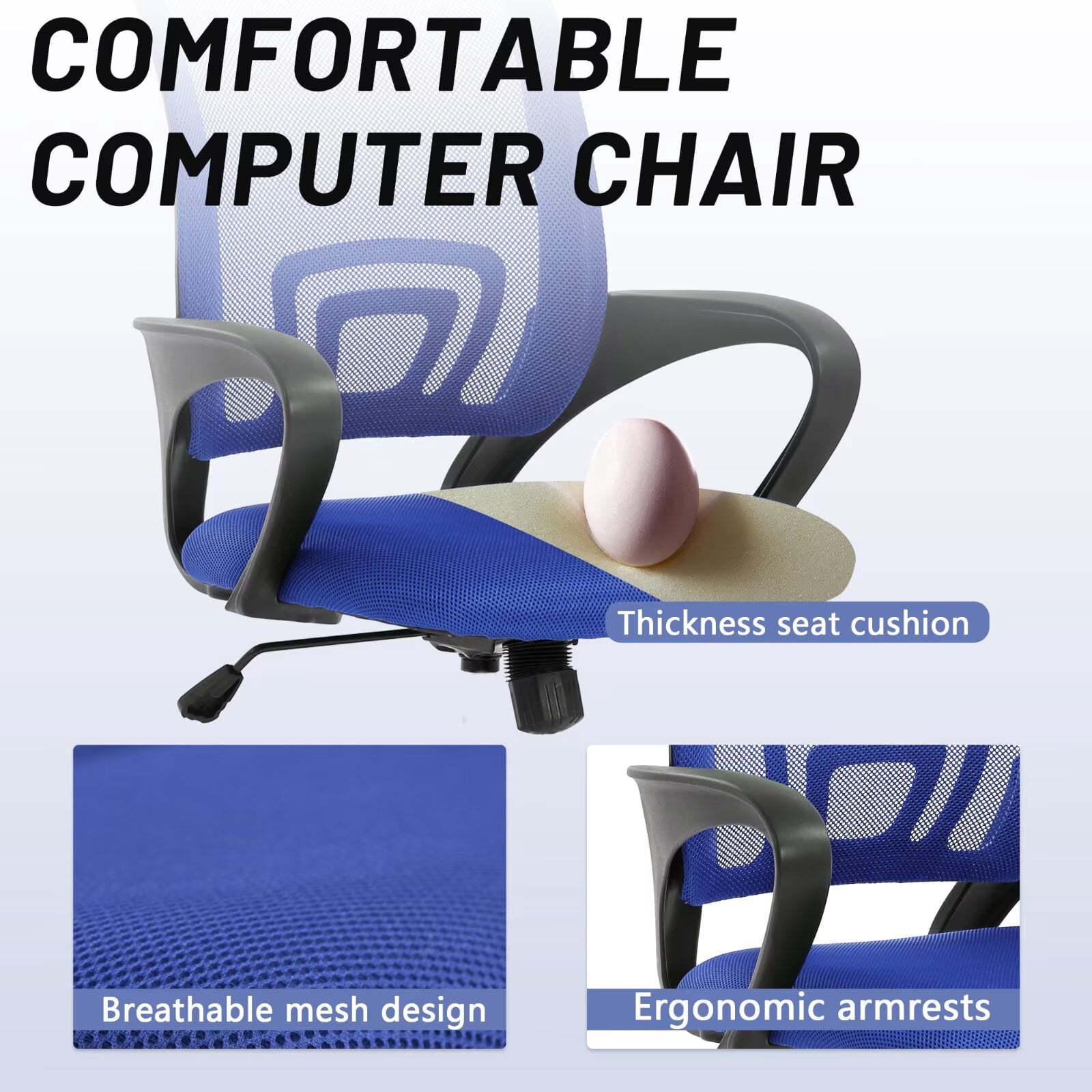 CL.HPAHKL Mesh Office Chair with Wheels, Adjustable Ergonomic Computer Desk Chair with Lumbar Support & Armrest, Comfortable Swivel Rolling Chair for Home Office Work Study, Blue