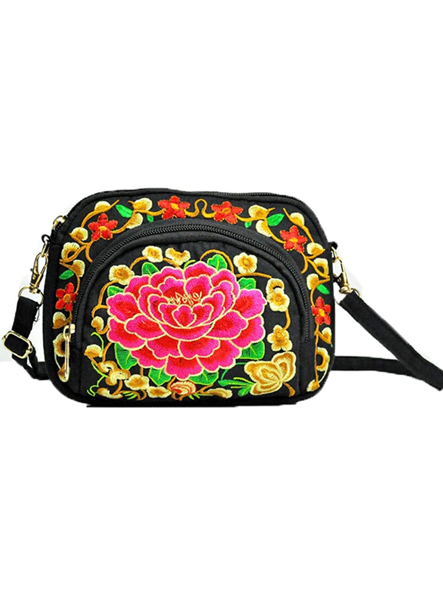Hmong Flower Crossbody Bag for Women with Colorful Hairs Embroidered Sling Bag 