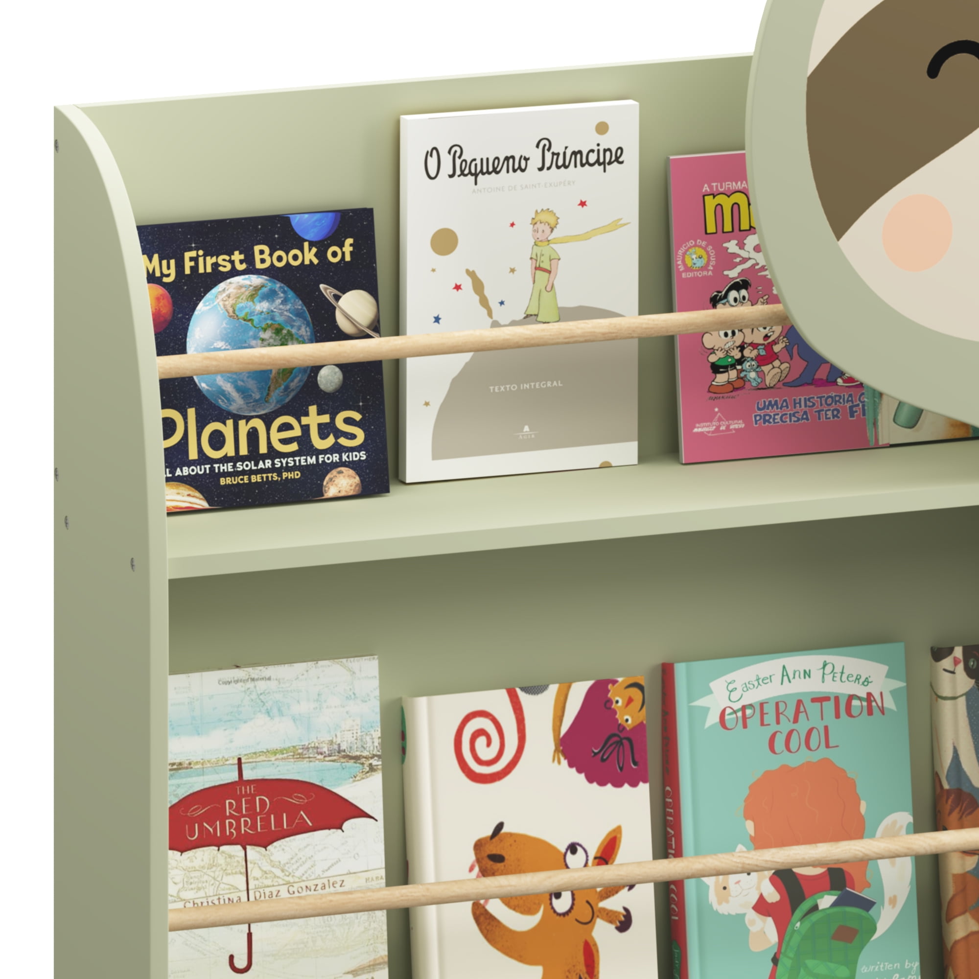 Miniyam Kids Sloth Bookshelf, 3-Tier Front-Facing Toddler Book Rack with Wooden Rods and Anti-Tip Kit, MDF Nursery & Playroom Book Storage Shelf, Green