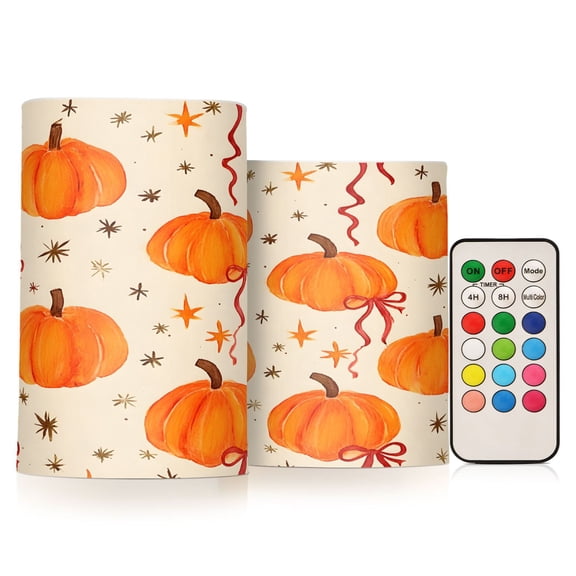 Pumpkin Red Bow Flameless Candles Flickering with Remote and Timer Battery Operated LED Pillar Candle Set of 2