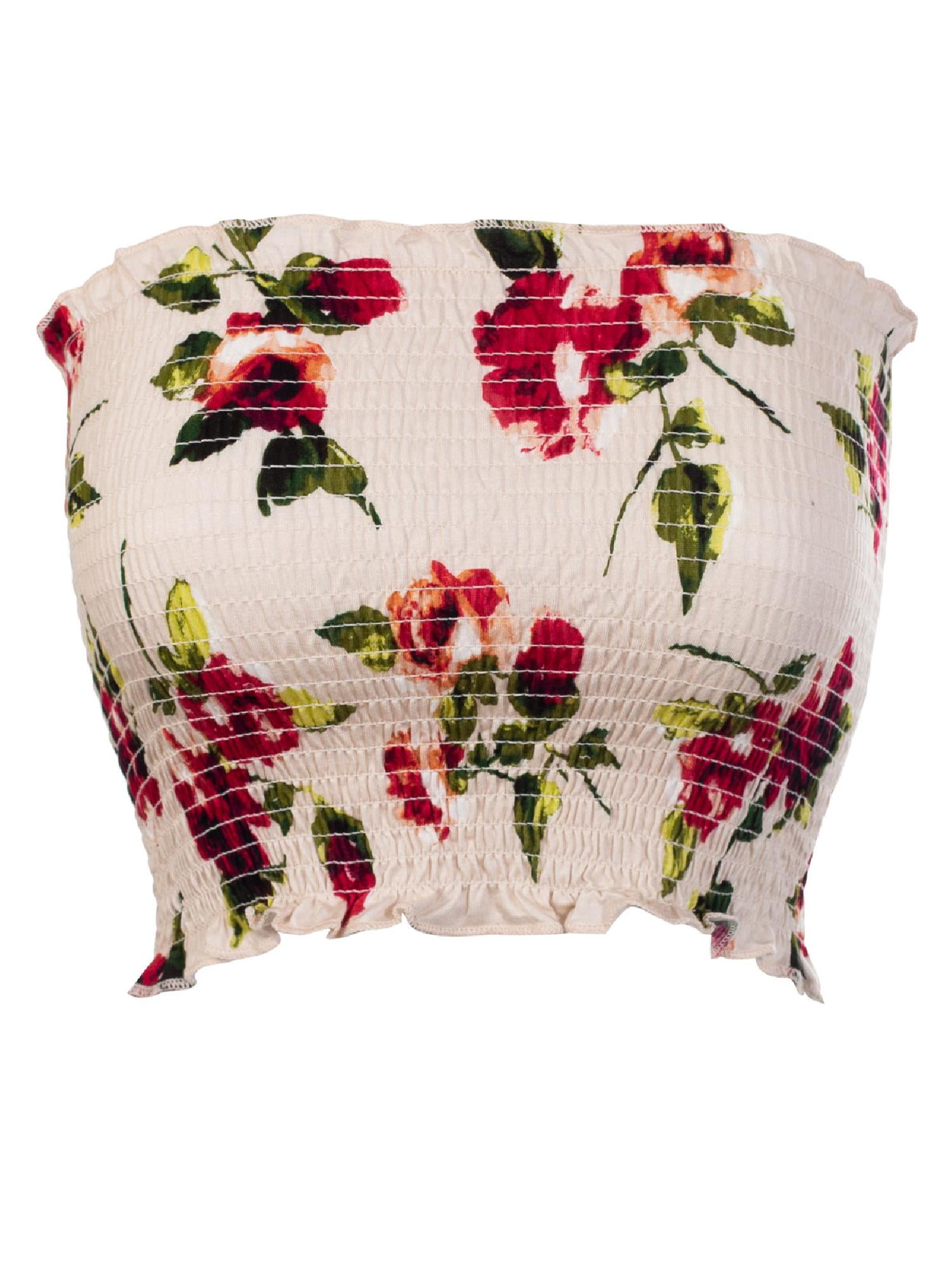 MixMatchy Womens Floral Print Smocked Lettuce Edge Crop Tube Top