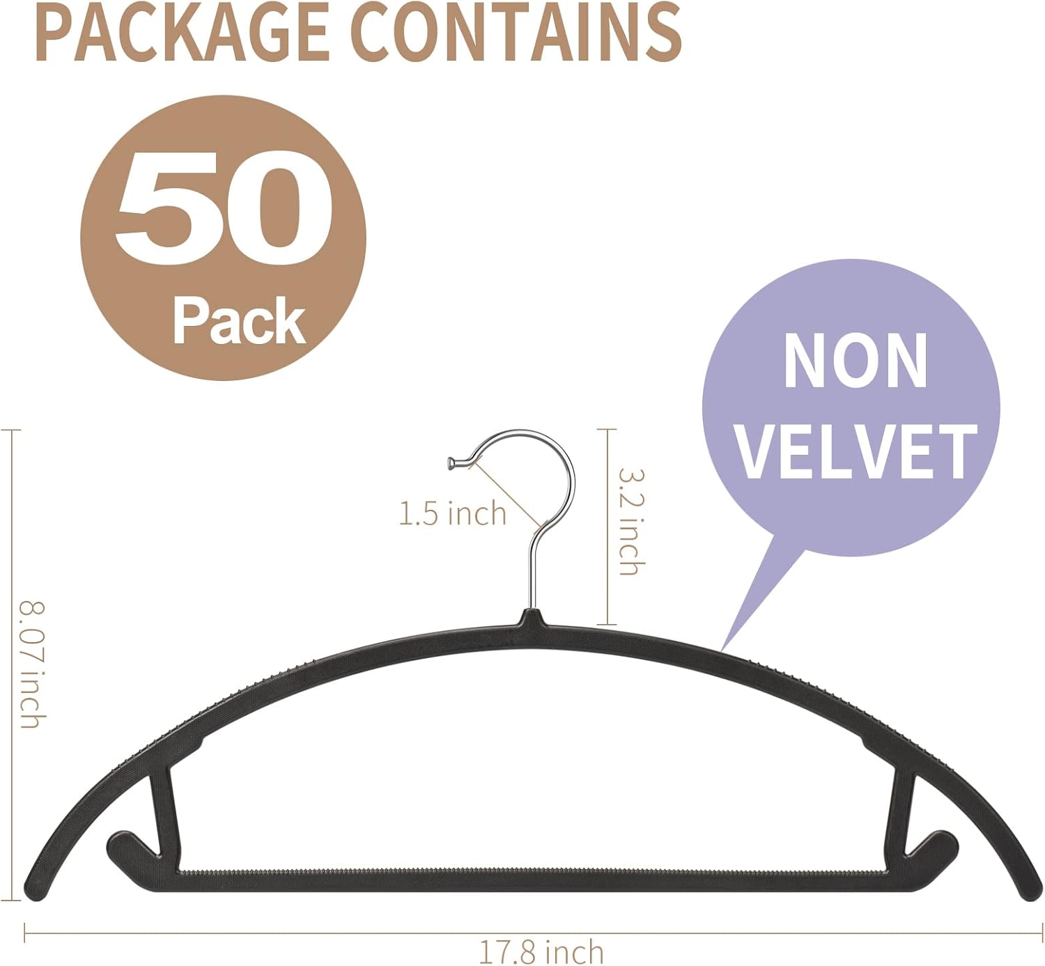 Ergonomic Curved Plastic Hangers 50pack - No Shoulder Bump Design, Non-Slip Grip for Delicate Fabrics, Heavy Duty Clothes Hangers, Holds Up to 11lbs - for Silk, Coats & Winter Wear(Black)