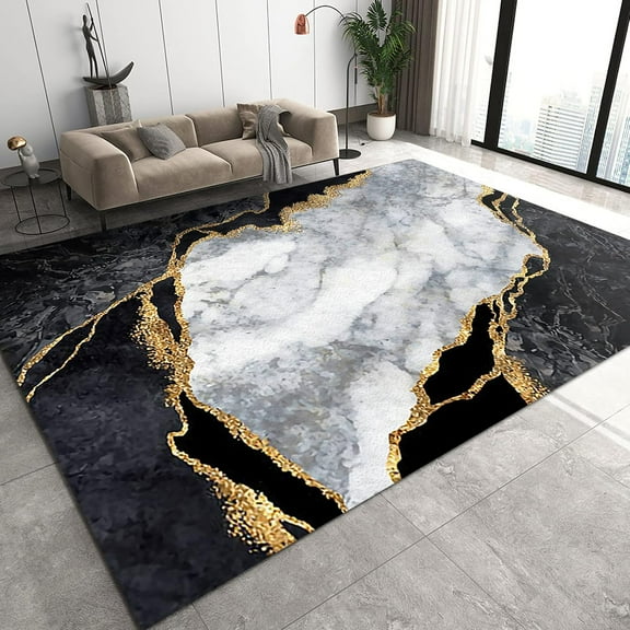 Black and White Marble Area Rugs, Modern Gilded Luxury Curved Lines Living Room Carpet, Bedroom Rug Non-Shedding Easy Cleaning Apply to Bath Mat Balcony 2x3ft