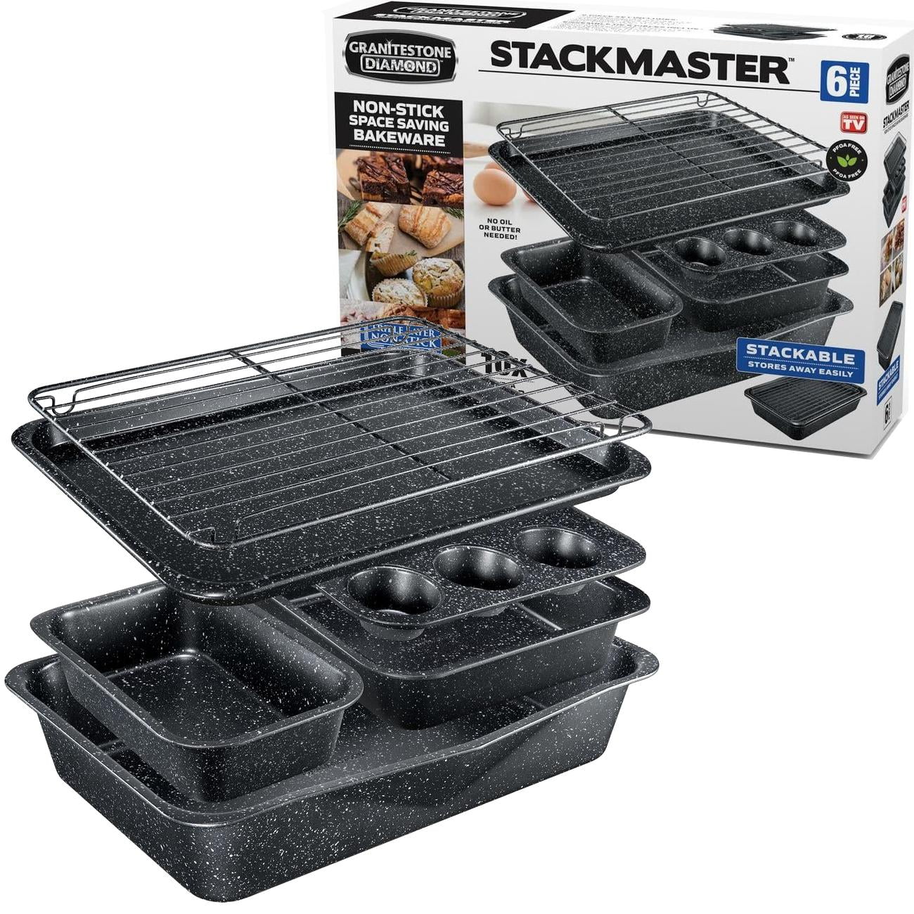 Granitestone Diamond Aluminum Baking Pans 6 Piece Cookie Sheet Bakeware Set Nonstick Dish Tray Oven Pan Casserole Dish, Black