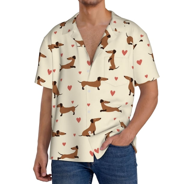 Fotbe Heart Dachshund Camisa Estampada de Manga Corta para Hombre, Casual de Verano, Estilo Playero, Sin Arrugas-Small