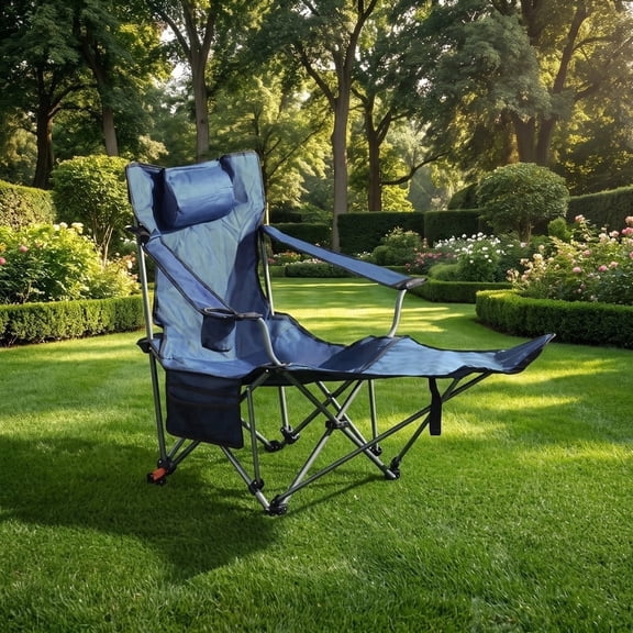 iooHug Folding Outdoor Camping Chair – Portable Adjustable Reclining Chair with Three-Level Adjustment, Side Pockets, Cup Holder, and Carry Bag,Dark Blue