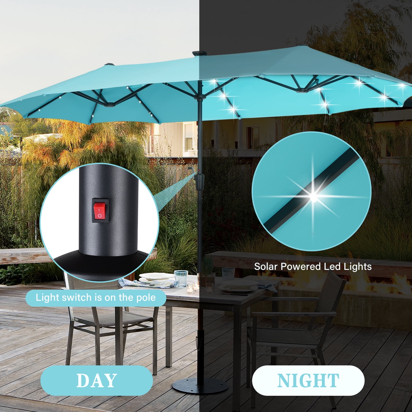 Autlaycil 13' Blue Patio Umbrella with Crank System and 36 Solar Powered LED Lights for Outdoor, Market, Beach, Garden, Yard, Party