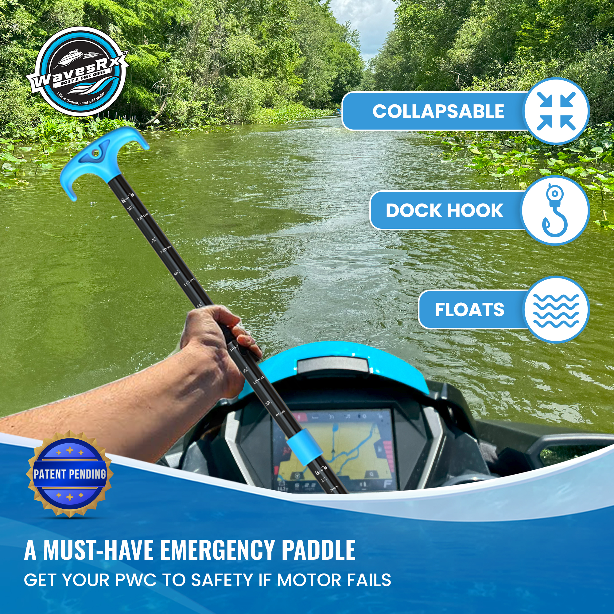 WAVESRX Telescoping Paddle with Docking Hook & Depth Gauge - Adjustable 24" to 54" Collapsible Emergency Oar for Jet Ski, Boat, PWC, Kayak, Canoe, Inflatable Dinghy- Must Have Boating Accessories