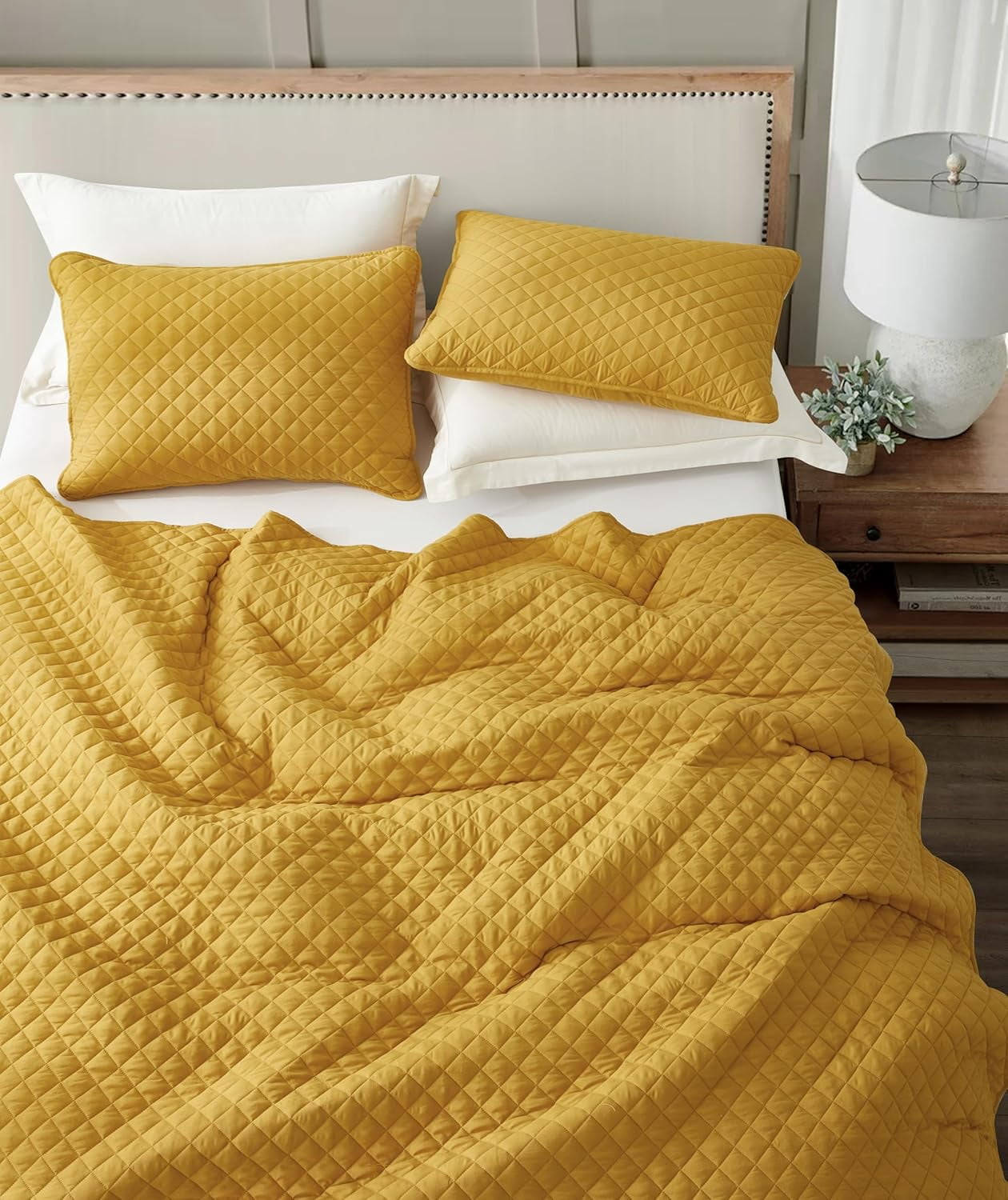 Chezmoi Collection Teo 3-Piece Mustard Yellow Queen Size Quilt Set - Diamond Stitched Lightweight Microfiber Bedspread Set Bedspread Set for All Seasons