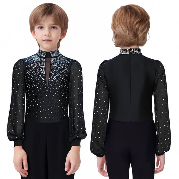 inlzdz Kids Boys Latin Dance Bodysuit Ballroom Gymnastics Leotard One Piece Romper Shirts Skating Jumpsuit Black 14