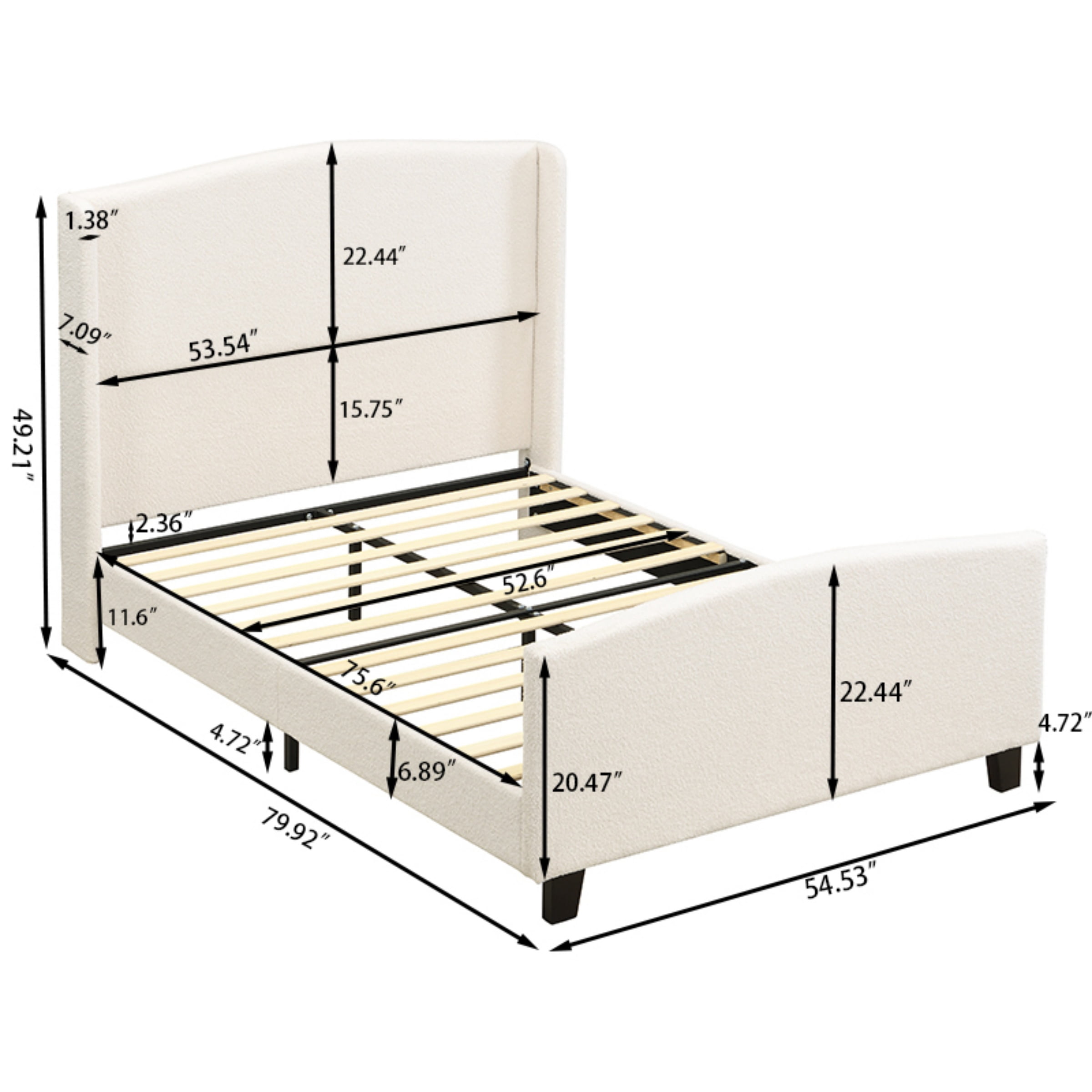 Full Size Bed Frame with 49.21"High Back Upholstered Headboard and 27.16" High Footboard,Teddy Velvet,12 Slat Support,Solid Wood Feet,Beige