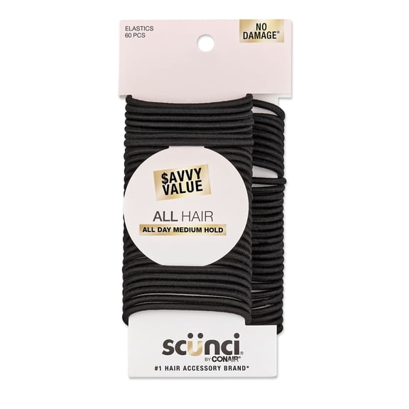 Scunci Value Pack Ponytail Hair Ties, Black, 60 Count