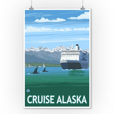 Alaska - Cruise Ship & Whales - Lantern Press Artwork (9x12 Art Print, Wall Decor Travel